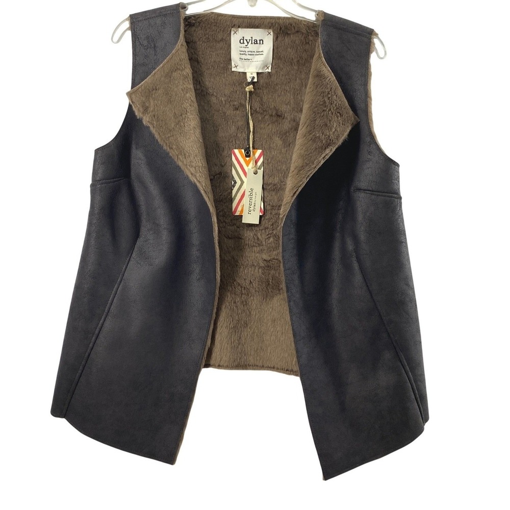 Dylan Los Angeles Reversible Vest Women Medium Brown Faux Fur Suede Western Boho